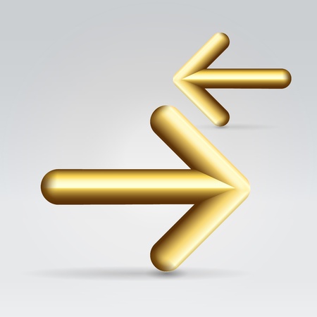 Golden shining rounded polished metallic arrows pointing opposite directionsの写真素材