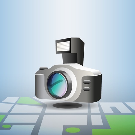 Blue navigation photo pin with pool icon on it, marking public pool on city detailed mapの写真素材