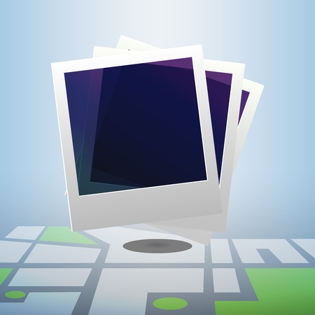 Blue navigation instant photo pin with pool icon on it, marking public pool on city detailed mapの写真素材