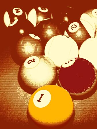 Illustrative engraving efect of Billiard balls with 'Ball Number One' being the focus. Conceptual -...