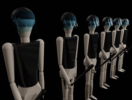 police men with heavy armor and batons (3D-Rendering with wooden dolls)の写真素材