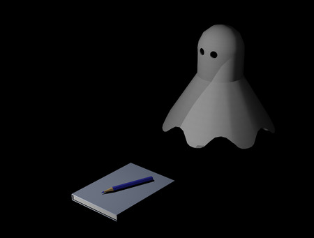 A ghost hovers over a book in pencil as a Ghost Wreath (3D computer graphics)の写真素材
