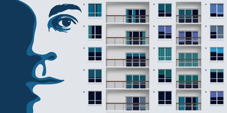 Street art with a mural depicting a giant portrait on a suburban building wallのイラスト素材