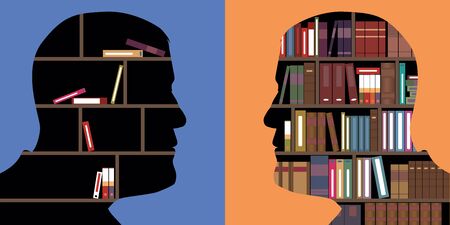 Concept of knowledge opposed to ignorance, with two face-to-face profiles, in which books are...