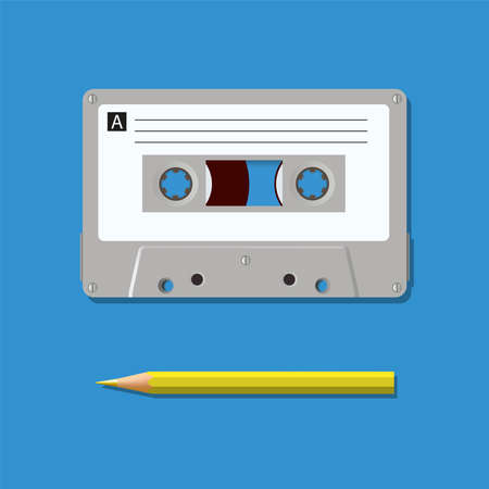 A vintage symbol of the Seventy Generation, an audio cassette from the Sixties is paired with a pencil.のイラスト素材
