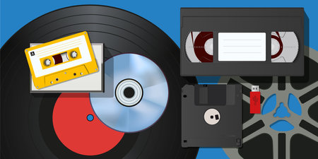 Concept of vintage, with a collection of video and audio recording equipment, such as cassettes, vinyl disc, USB stick and film reel.のイラスト素材