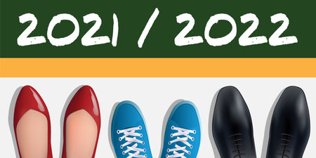 Back-to-school concept for 2022, with the shoes seen from above by two parents and a student in...