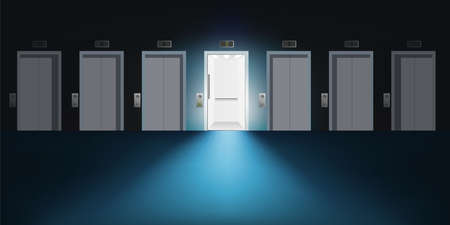 Concept of choice and mystery with seven elevator doors lined up, six of which are closed and one...