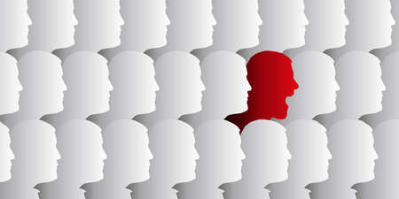 Concept of rebellion and whistleblower with the head of a man screaming amid impassive profiles.のイラスト素材