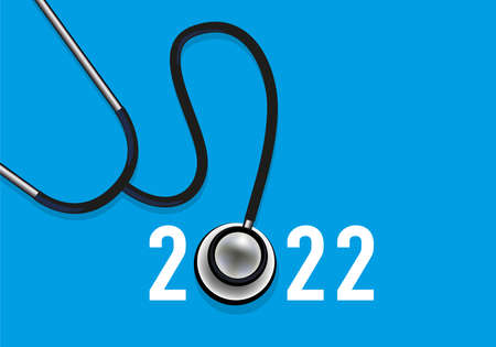 Year 2022 under the sign of the COVID-19 epidemic, with a stethoscope to symbolize the health system and the medical teams mobilized against the epidemic.のイラスト素材