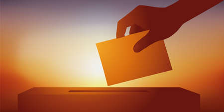 Concept of leadership and democratic election of a candidate with the hand of a voter holding their ballot before slipping it into the ballot box.のイラスト素材