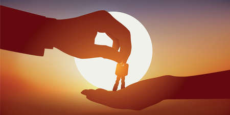 Concept of acquiring real estate with a hand handing over the keys of a home to its new owner.のイラスト素材
