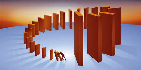 Concept of a chain reaction, with a man pushing a sign and causing a system to collapse through a domino effect.のイラスト素材