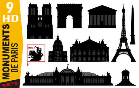 Plate of pictograms representing the main monuments of Paris in the form of detailed silhouette. With the Arc de Triomphe, the OpÃ©ra Garnier or the Invalides.のイラスト素材