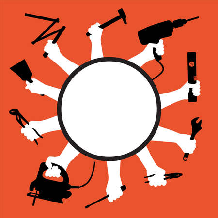 Concept of construction site and landscaping work with a poster that shows several hands of craftsmen holding DIY tools.のイラスト素材