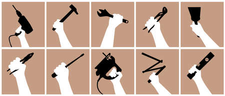 Construction and landscaping work concept with a series of pictograms showing several craftsman hands holding DIY tools.のイラスト素材