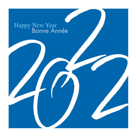 Graphic composition for an elegant greeting card in square format, with the year 2022 written in white on a blue background.のイラスト素材
