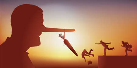 Concept the scam with people running and rushing into a trap symbolized by a man whose nose lengthens presenting a carrot.のイラスト素材