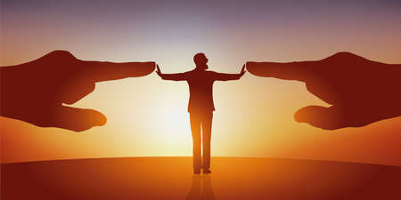 Opposition concept with a man with his arms outstretched symbolically pushing back two huge hands pointing at him to designate him as a scapegoat.のイラスト素材