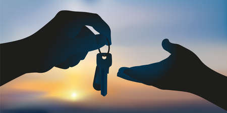 Concept of real estate investment with the symbol of a seller handing over the keys of a house to his new owner.のイラスト素材