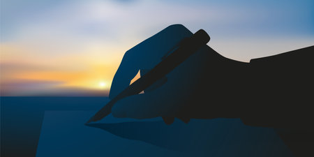 Concept of handwriting and inspiration with the hand of a writer writing the manuscript of his next book.のイラスト素材