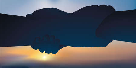 Concept of solidarity and mutual aid with two people holding each other firmly by the arm as a sign of brotherhood.のイラスト素材