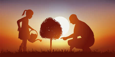 Concept of the transmission of knowledge between generations with a father who shows his child how to water a tree.のイラスト素材