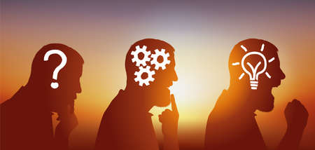 Concept of intellectual manipulation with a man's head whose brain is replaced by a system of gears...