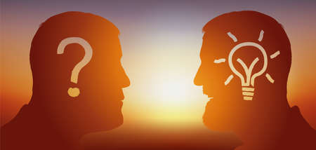 Concept of intellectual reflection in search of a solution with for symbol, two men face to face,...