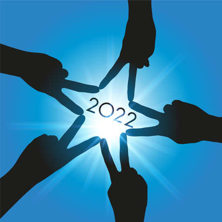 Greeting card 2022, with five hands that form a star, symbol of union and partnership, to...