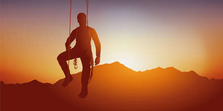 Concept of extreme sport, with a climber suspended from a wall by ropes in front of a sunset on a...