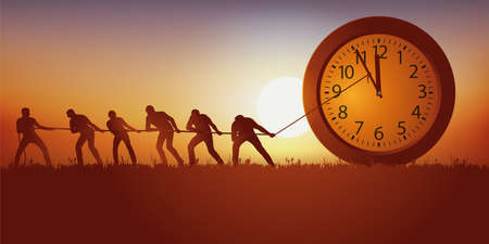 symbol of time passing with a group of men who try to stop it by symbolically holding the hands of a...