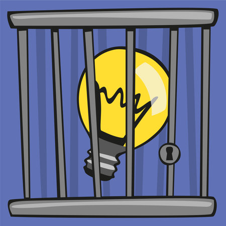 Concept of repressed idea and creation, with a light bulb symbolically locked in a cage.のイラスト素材