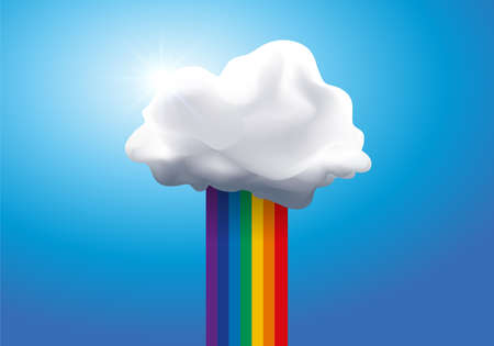 Concept of daydreaming and happiness with a rainbow coming out of a white cloud.のイラスト素材
