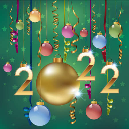 Greeting card 2022, with the traditional Christmas balls, colored and accompanied by golden garlands...