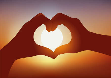 Concept of declaration of love with two hands forming a heart in front of a sunset.のイラスト素材