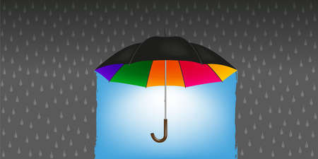 Concept of optimism and the solution to see the end of the tunnel, with a multi-colored umbrella that turns rain into good weather.のイラスト素材