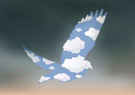 Concept of peace with a surreal drawing that shows a stormy weather where the silhouette of a dove appears against a blue sky.のイラスト素材