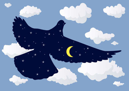 Concept of peace with a surrealist drawing opposing day and night through the silhouette of a dove.のイラスト素材