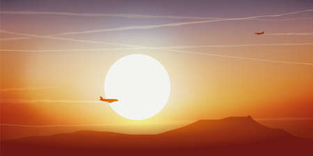 Travel and air transport concept with passing airliners in the sky at sunset.のイラスト素材