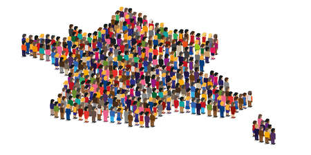 Concept of the union of a community with a crowd of multi ethnic characters, which draws the silhouette of France.のイラスト素材
