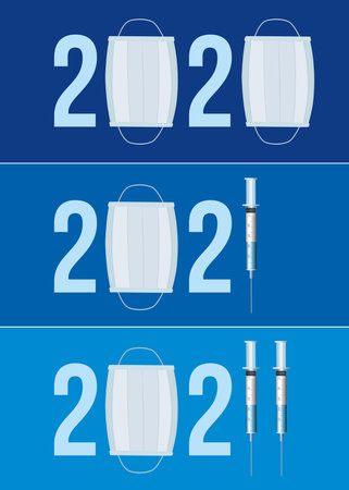 Greeting card 2022 on the theme of the fight against COVID-19, with the evolution of the epidemic, from the surgical mask to the vaccination.のイラスト素材