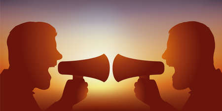 Concept of the confrontation of opinions on social networks, with two men who confront their ideas...