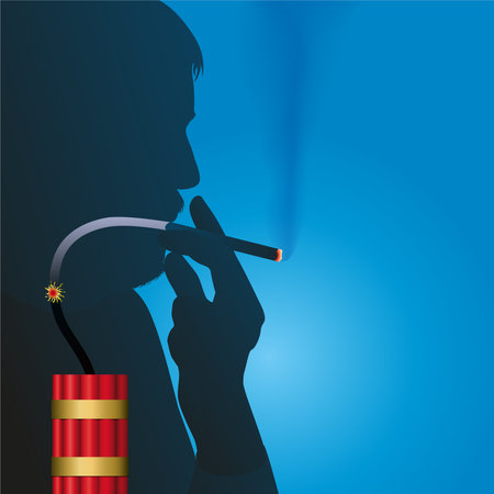 Concept of the risk of death from cancer from cigarettes and smoking, with the silhouette of a smoker connected to dynamite.のイラスト素材