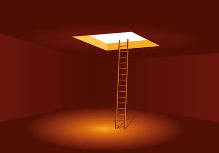 Concept of escape from the bottom of a hole, with a ladder to escape a trap by reaching the emergency exit.のイラスト素材