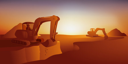 Building and construction site occupation with construction machinery and mechanical excavators.のイラスト素材