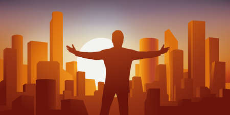 Concept of power and capitalism with a businessman who faces the skyscrapers of a metropolis, spreading his arms.のイラスト素材
