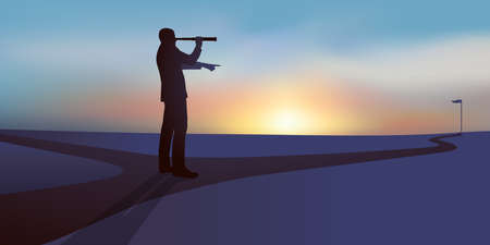 Concept of decision-making and leadership, with the symbol of a man who chooses a direction by looking through a spyglass.のイラスト素材