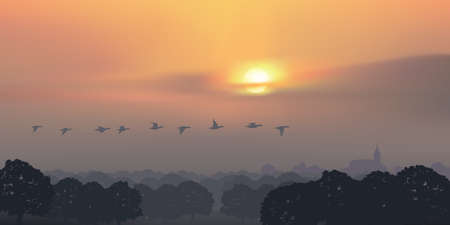 A symbol of calm and tranquility, a countryside landscape at daybreak, with ducks flying over a...