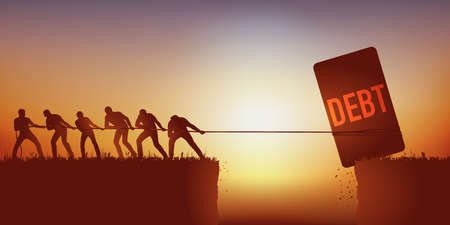 Concept of an economic crisis with the symbol of a group of men trying to make a debt disappear, by dropping it into a hole.のイラスト素材